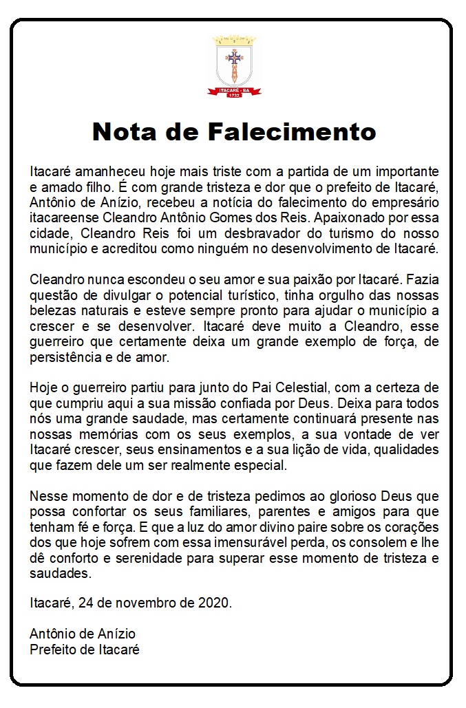 Nota de Pesar pelo falecimento do empresário Cleandro Reis.