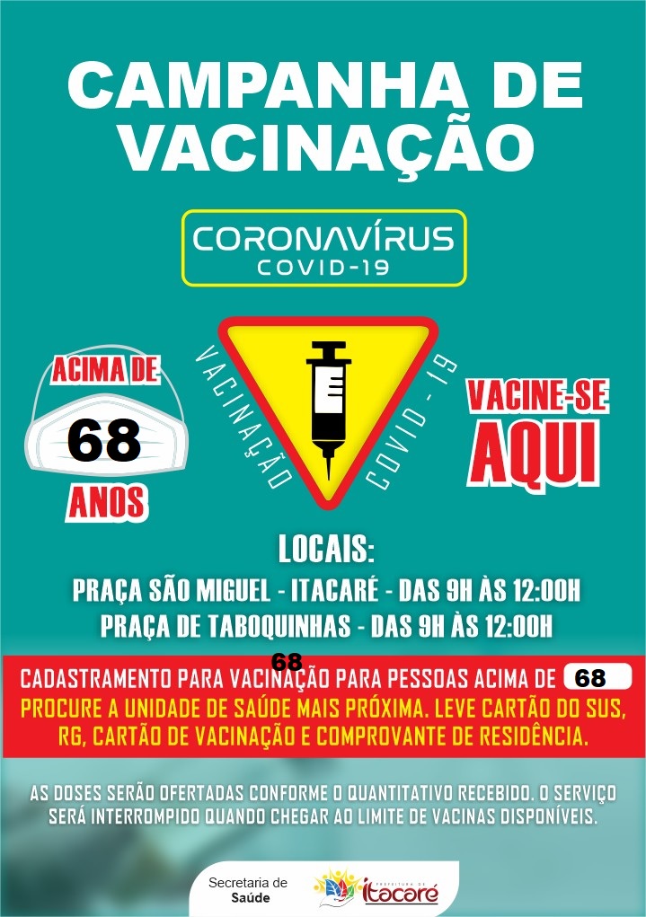 Prefeitura de Itacaré realiza vacinação de Idosos a partir de 68 anos, quilombolas e pacientes em tratamento de hemodiálise.