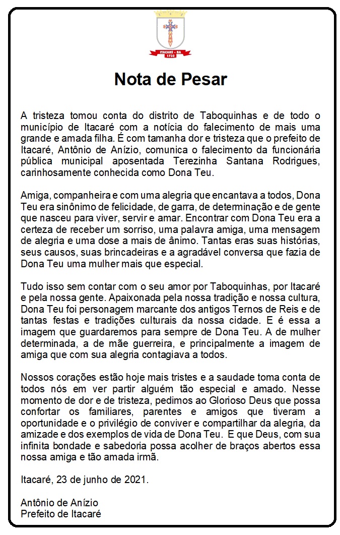 Nota de Pesar pelo falecimento da funcionária pública municipal aposentada Terezinha Santana Rodrigues.