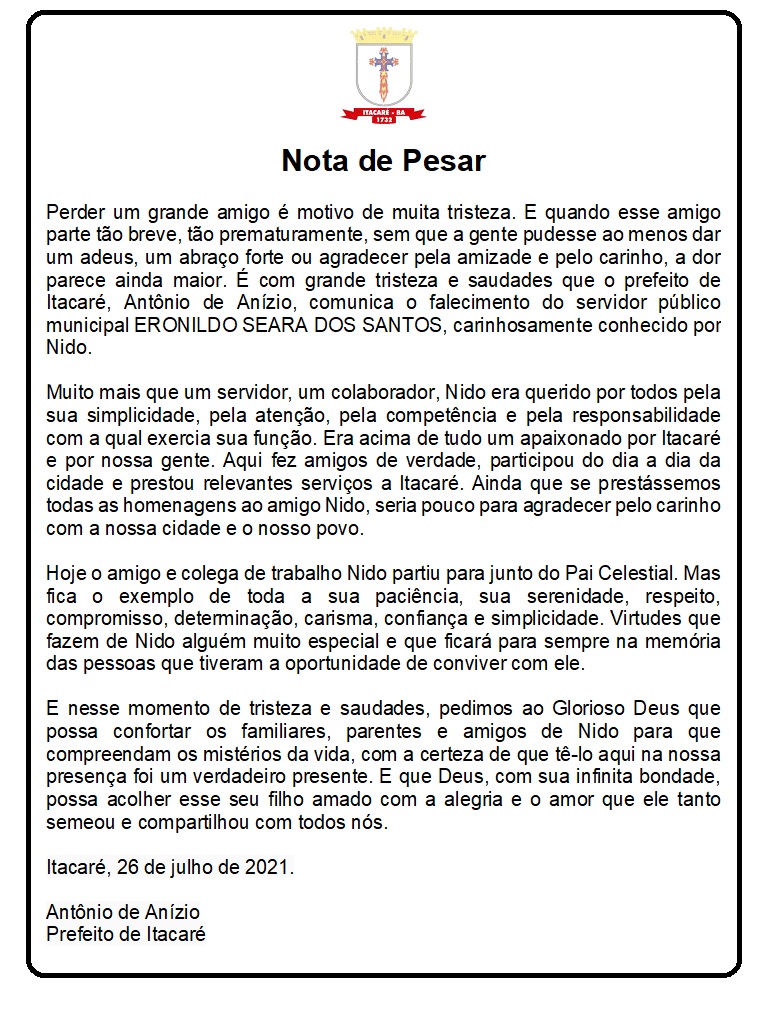 Nota de Pesar pelo falecimento de ERONILDO SEARA DOS SANTOS.