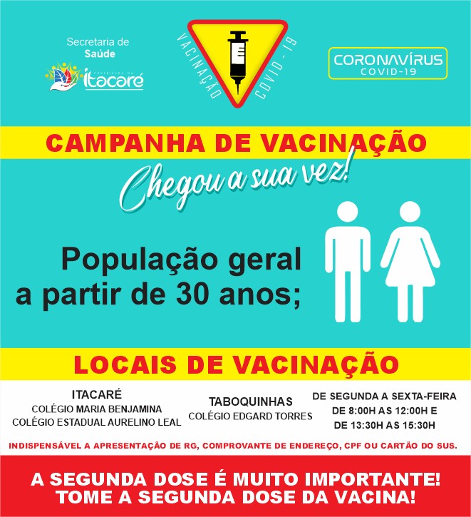 Itacaré reinicia nesta segunda-feira a vacinação para acima de 30 anos