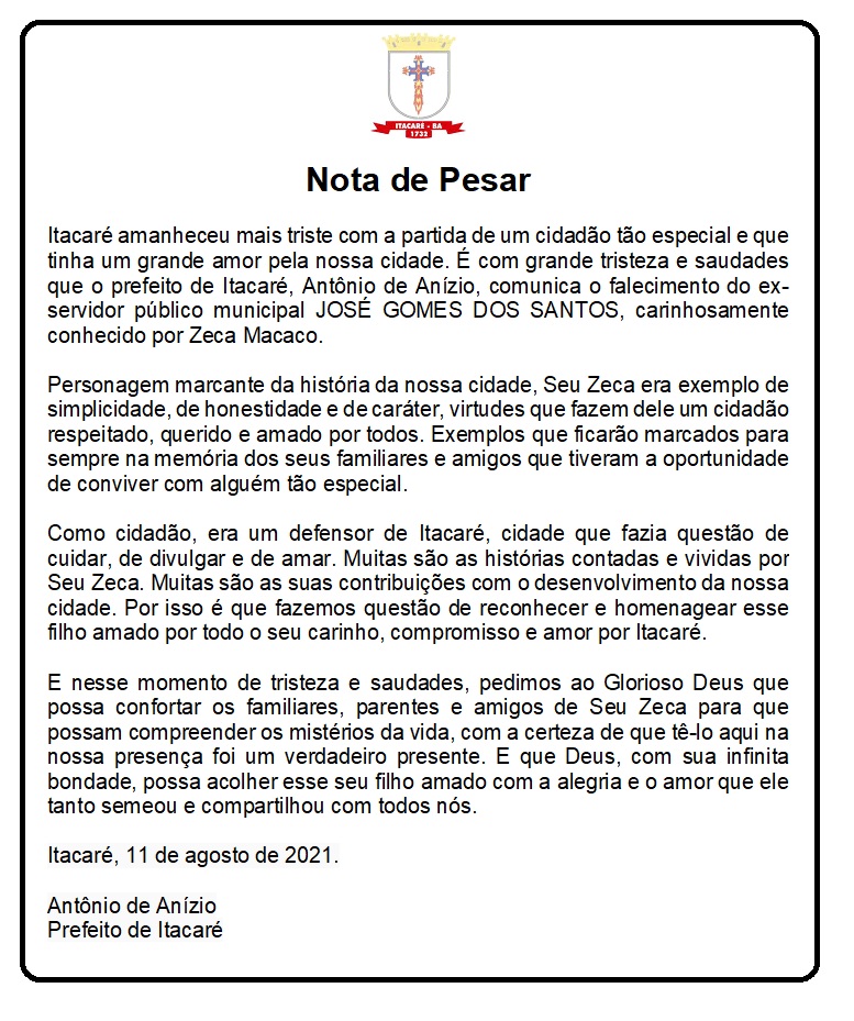 Nota de Pesar pelo falecimento do ex-servidor público municipal José Gomes dos Santos, carinhosamente conhecido como Zeca Macaco.