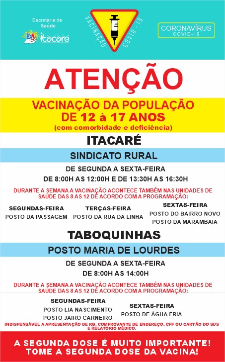 Itacaré inicia a vacinação de pessoas entre 12 a 17 anos com comorbidade