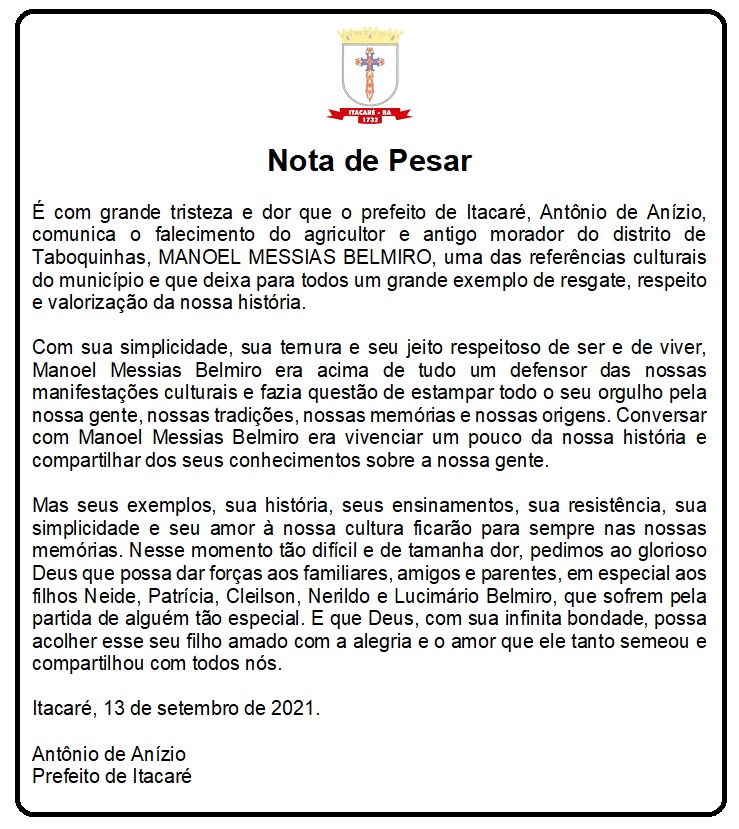 Nota de pesar pelo falecimento de MANOEL MESSIAS BELMIRO.