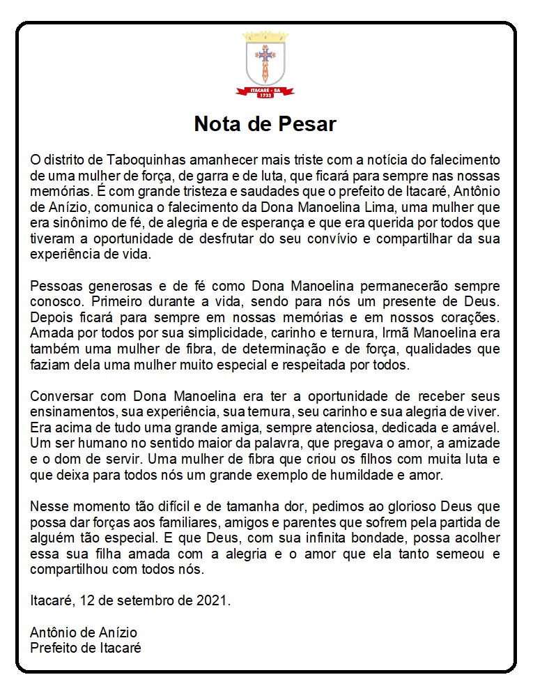 Nota de pesar pelo falecimento de Dona Manoelina Lima.