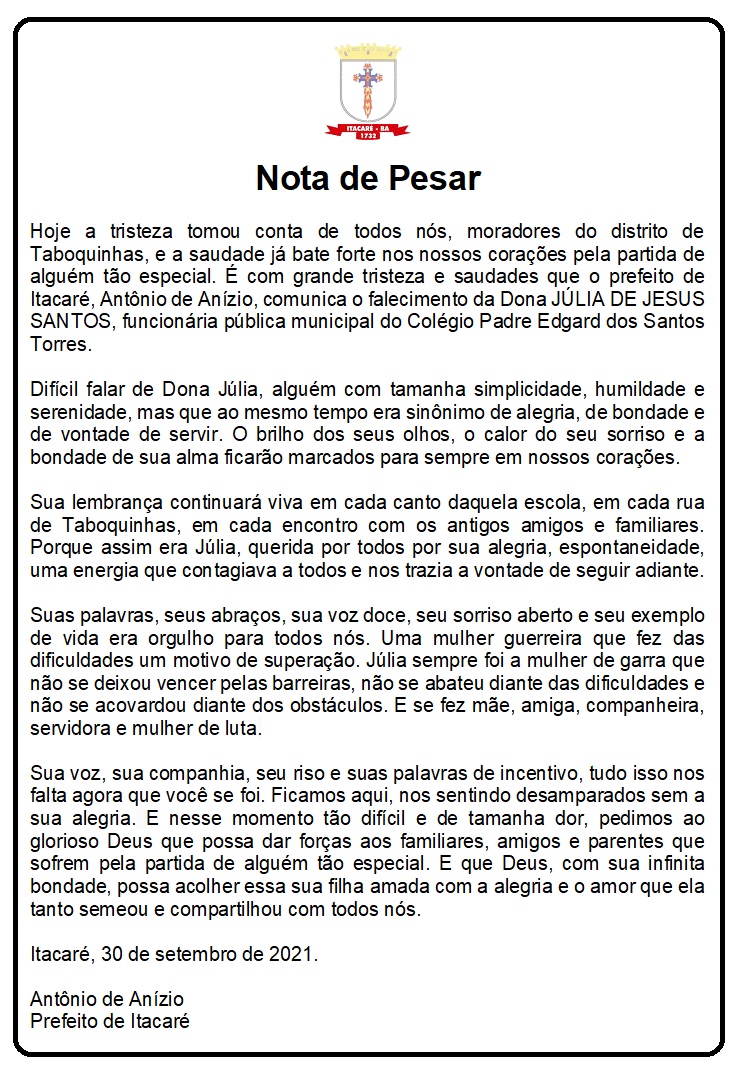 Nota de Pesar pelo falecimento da Dona JÚLIA DE JESUS SANTOS