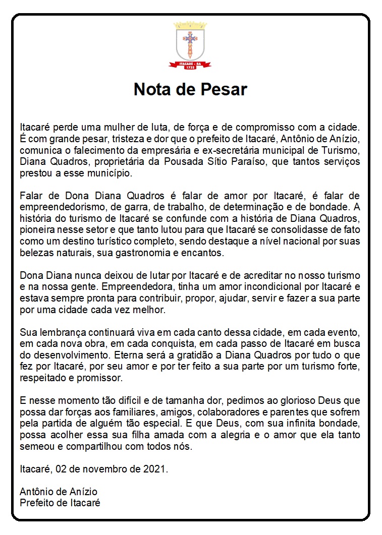 Nota de Pesar pelo falecimento da empresária Diana Quadros