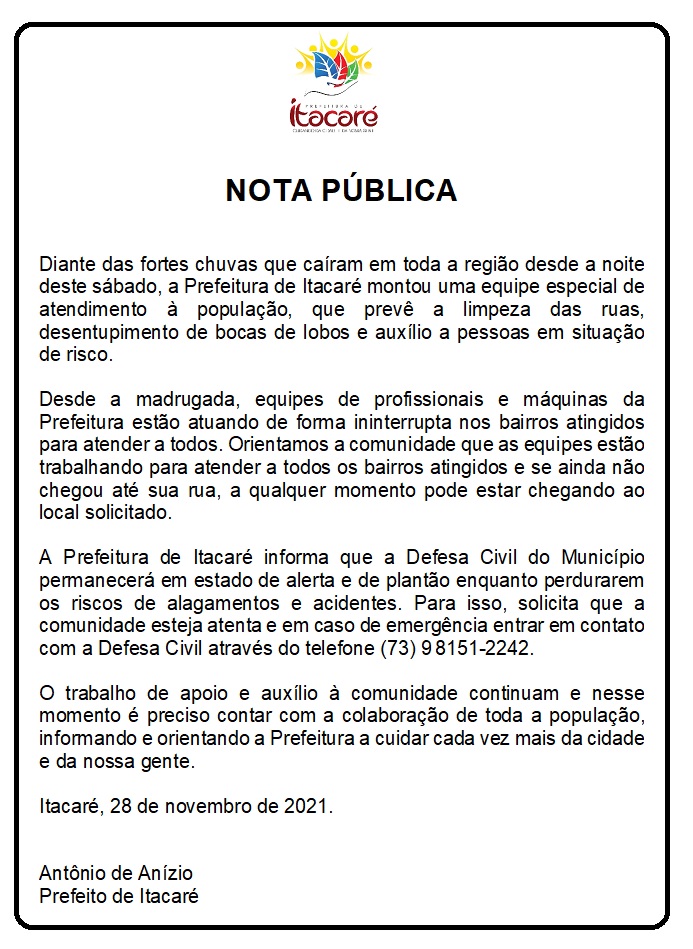 Nota Pública – Defesa Civil