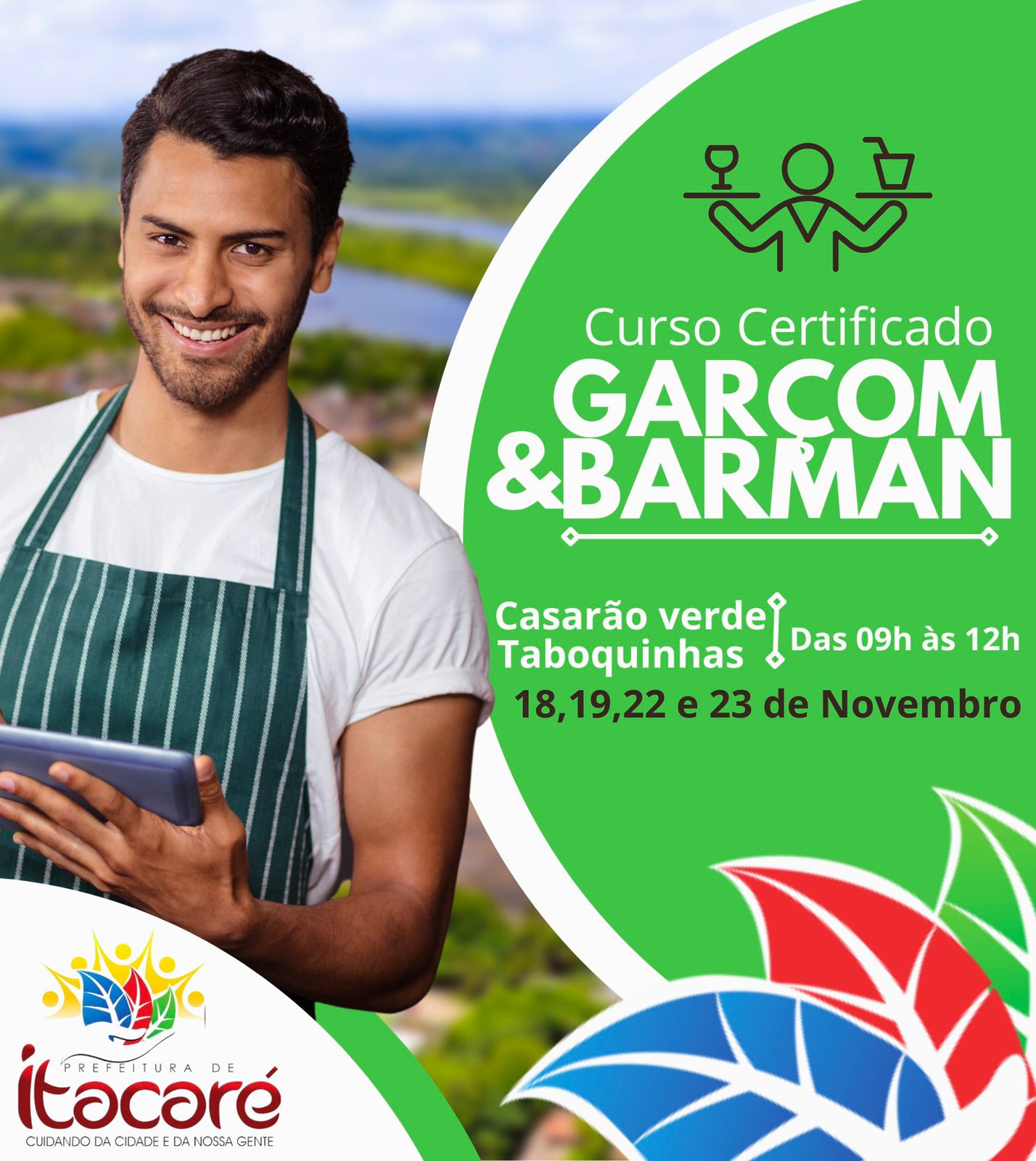 Prefeitura de Itacaré abre inscrições para  curso de Garçom e Barman em Taboquinhas