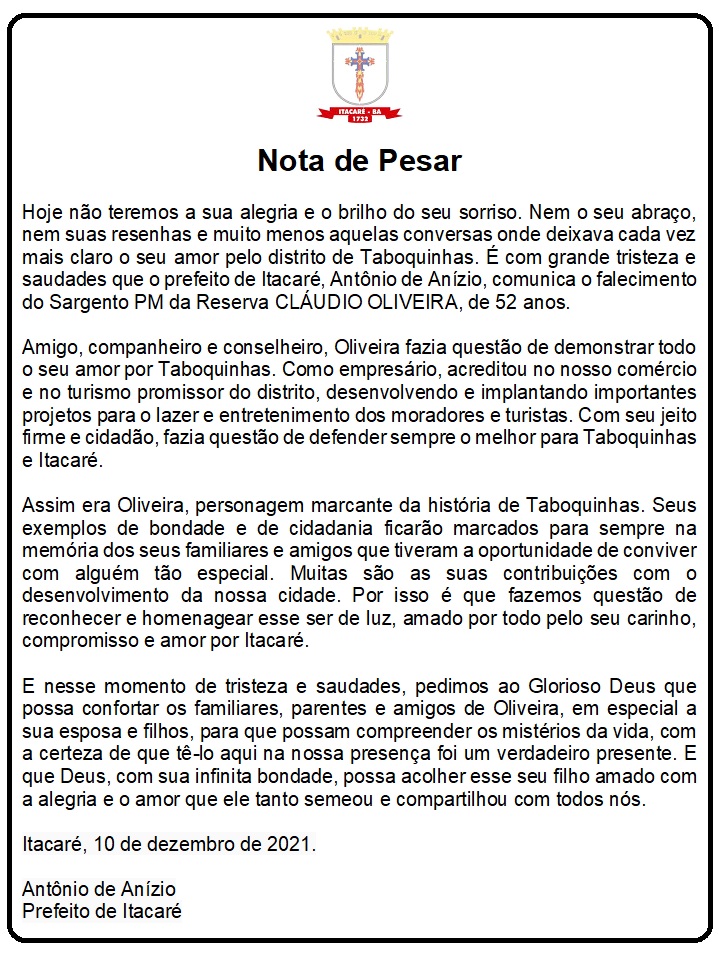 Nota de Pesar pelo Falecimento do empresário e Sargento PM da Reserva Cláudio Oliveira.