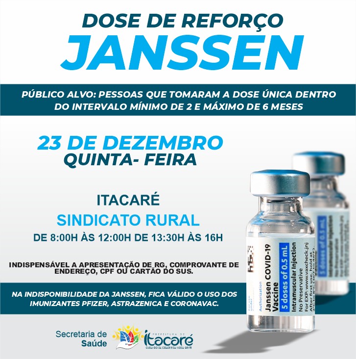 Itacaré aplica nesta quinta-feira  dose de reforço da vacina Janssen