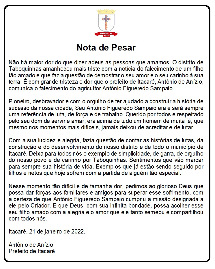 Nota de Pesar pelo falecimento do agricultor Antônio Figueredo Sampaio